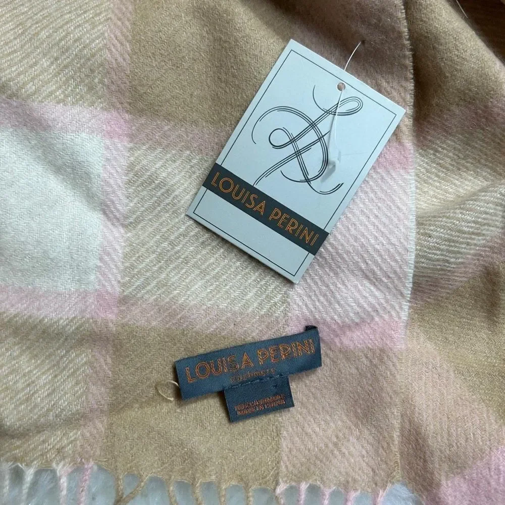 LOUISA PERINI Pink and Tan Plaid Scarf 100% Cashmere